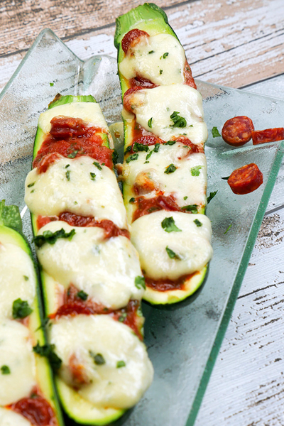 Low Carb Stuffed Zucchini with Tomatoes and Salami