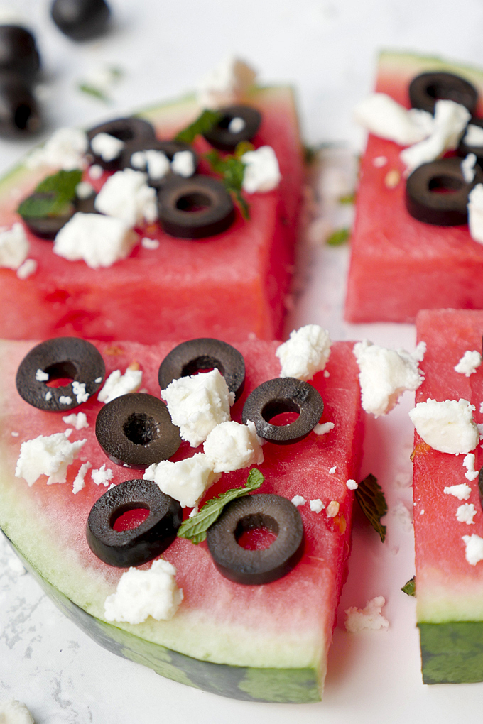 Hearty watermelon pizza with olives and feta