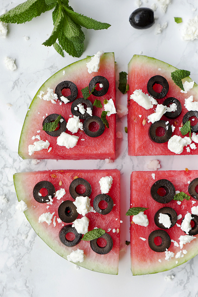  Hearty watermelon pizza with olives, feta and mint 
