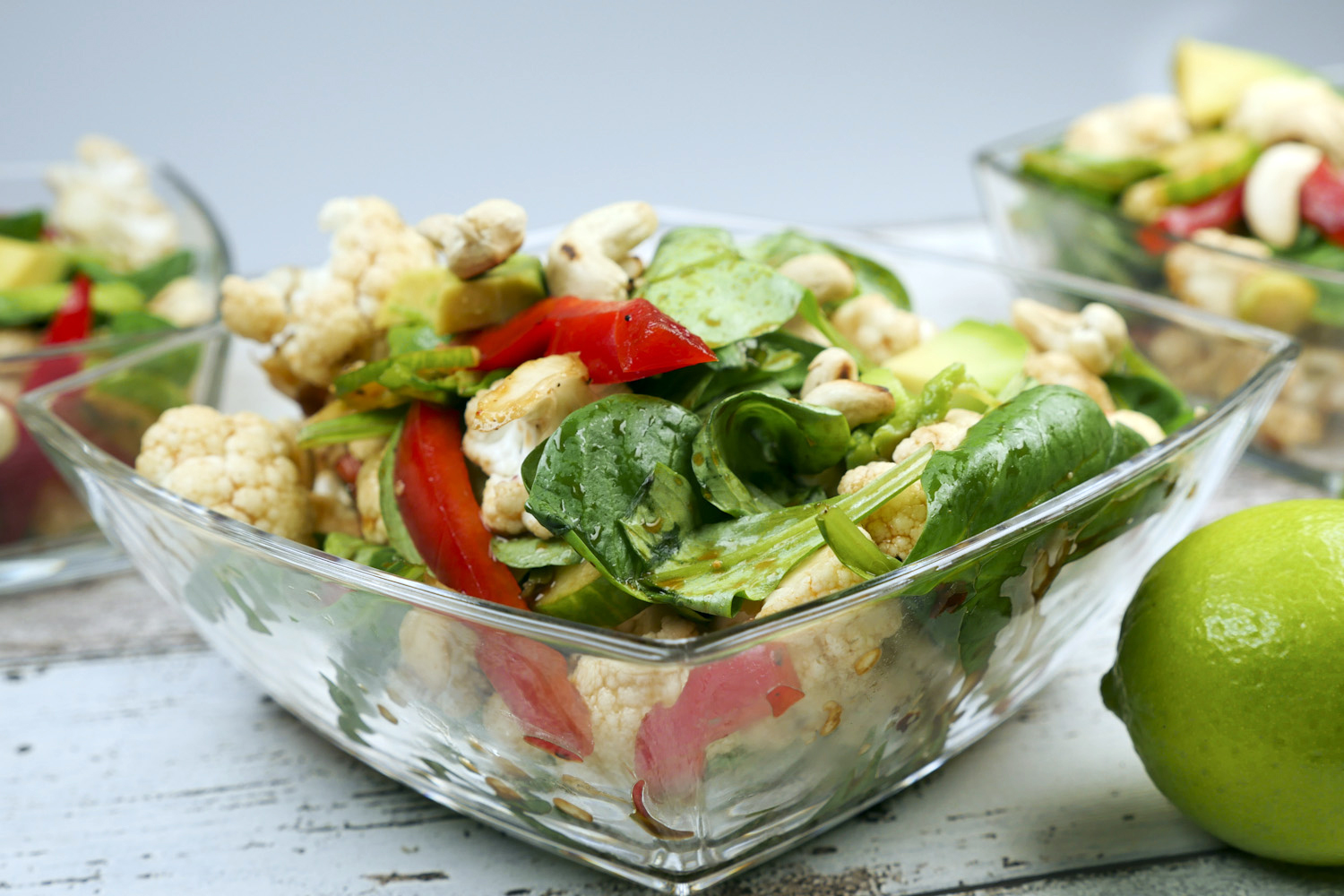 Low carb cauliflower salad with cashews and avocado